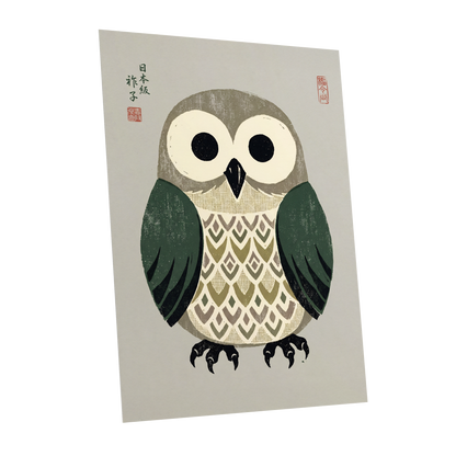 Sage Owl Reverie, black, green, beige nature wall art shown as a unframed poster wall art print