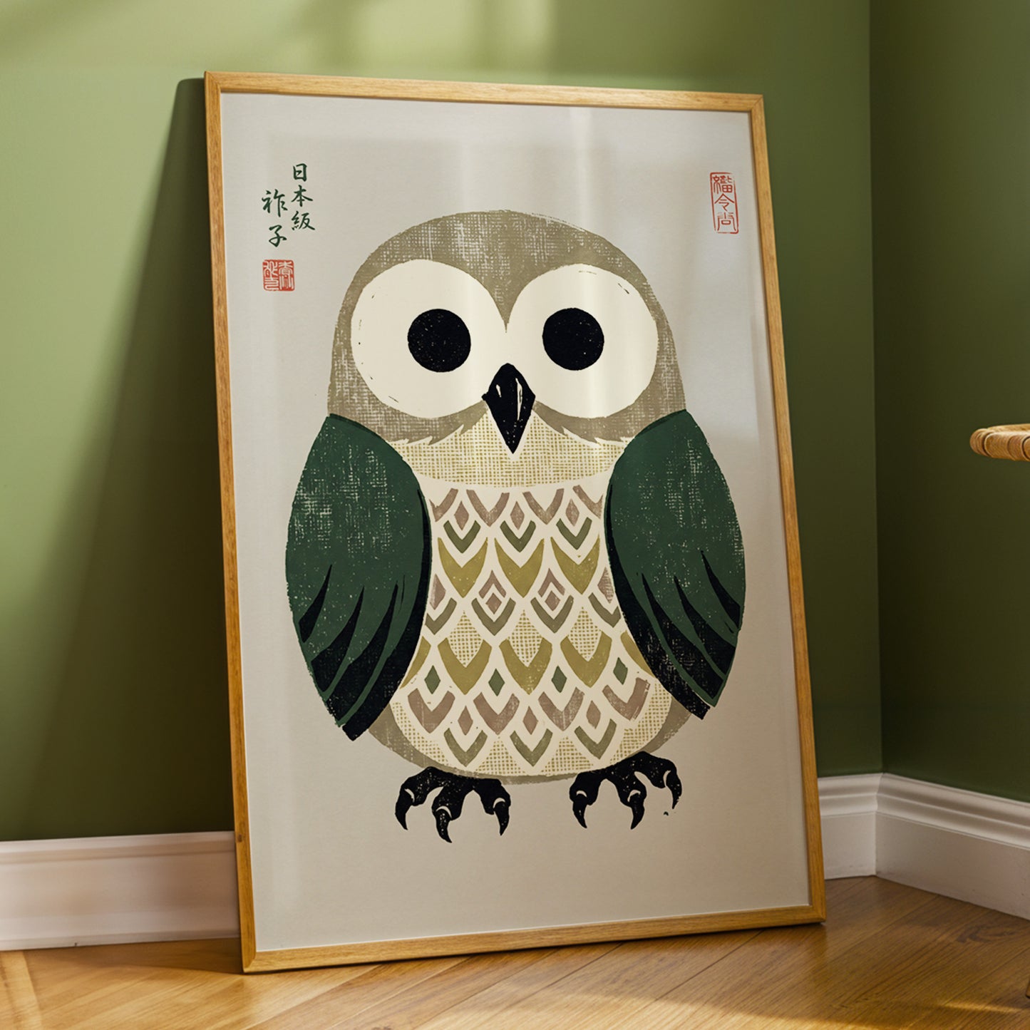 Sage Owl Reverie, black, green, beige nature wall art displayed in a styled interior, gallery view 2