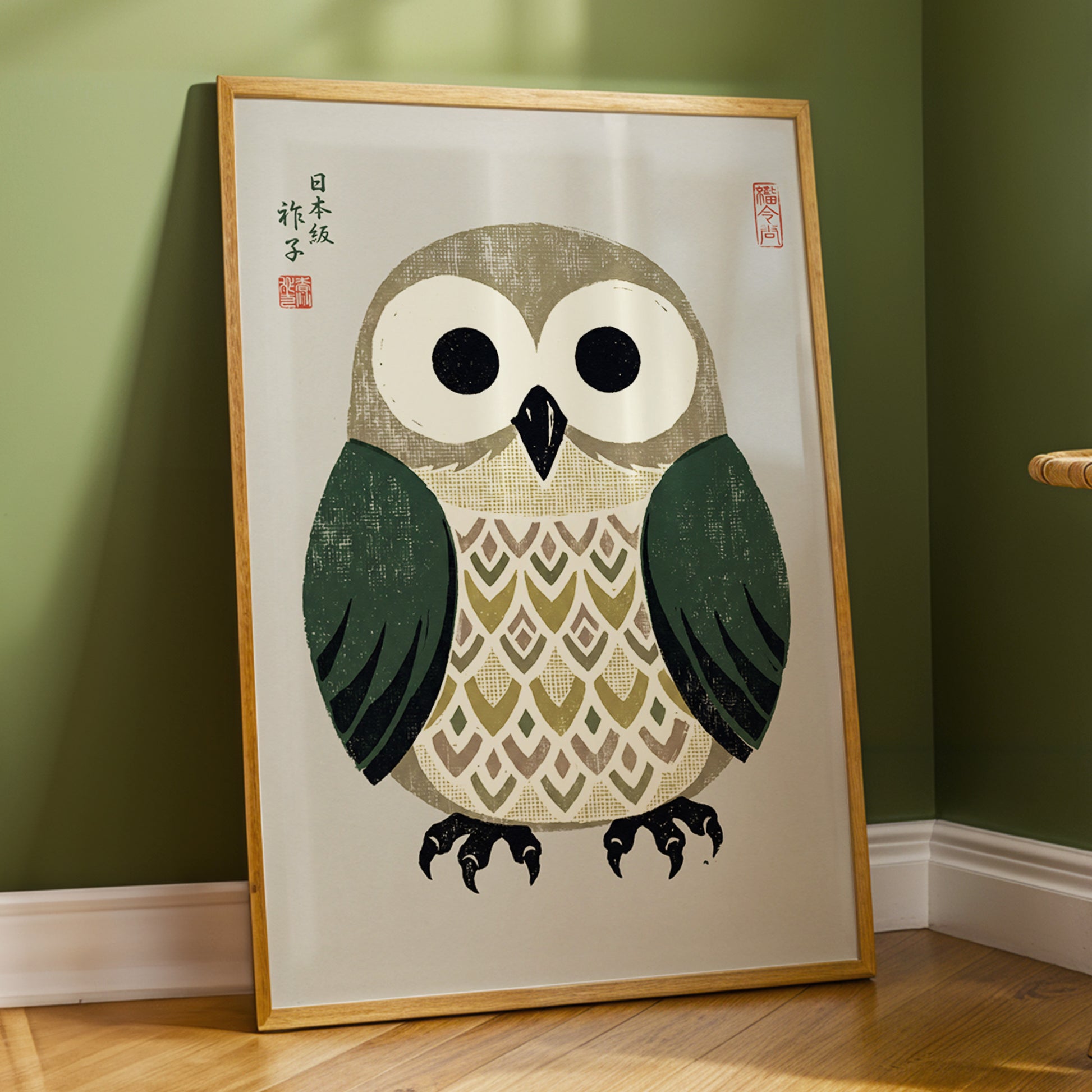 Sage Owl Reverie, black, green, beige nature wall art displayed in a styled interior, gallery view 2