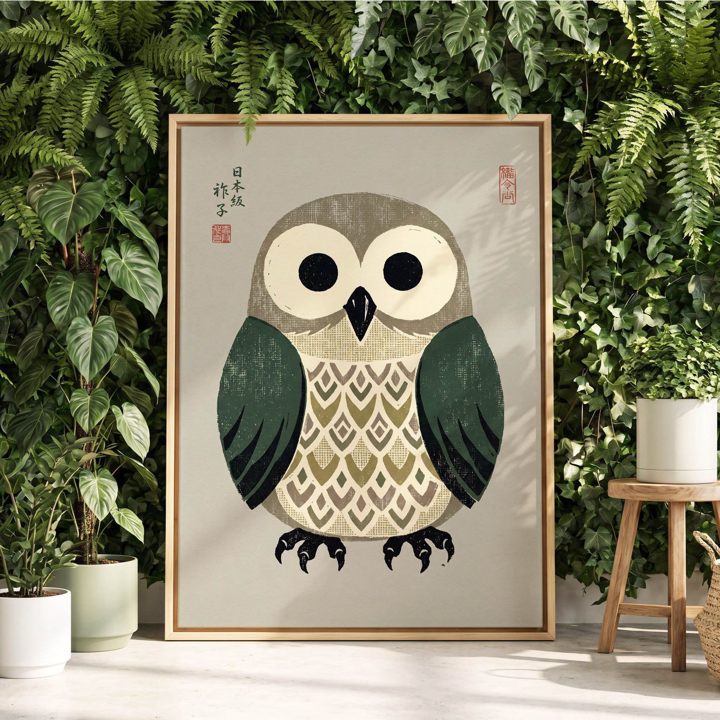 Sage Owl Reverie, black, green, beige nature wall art displayed in a styled interior, gallery view 4