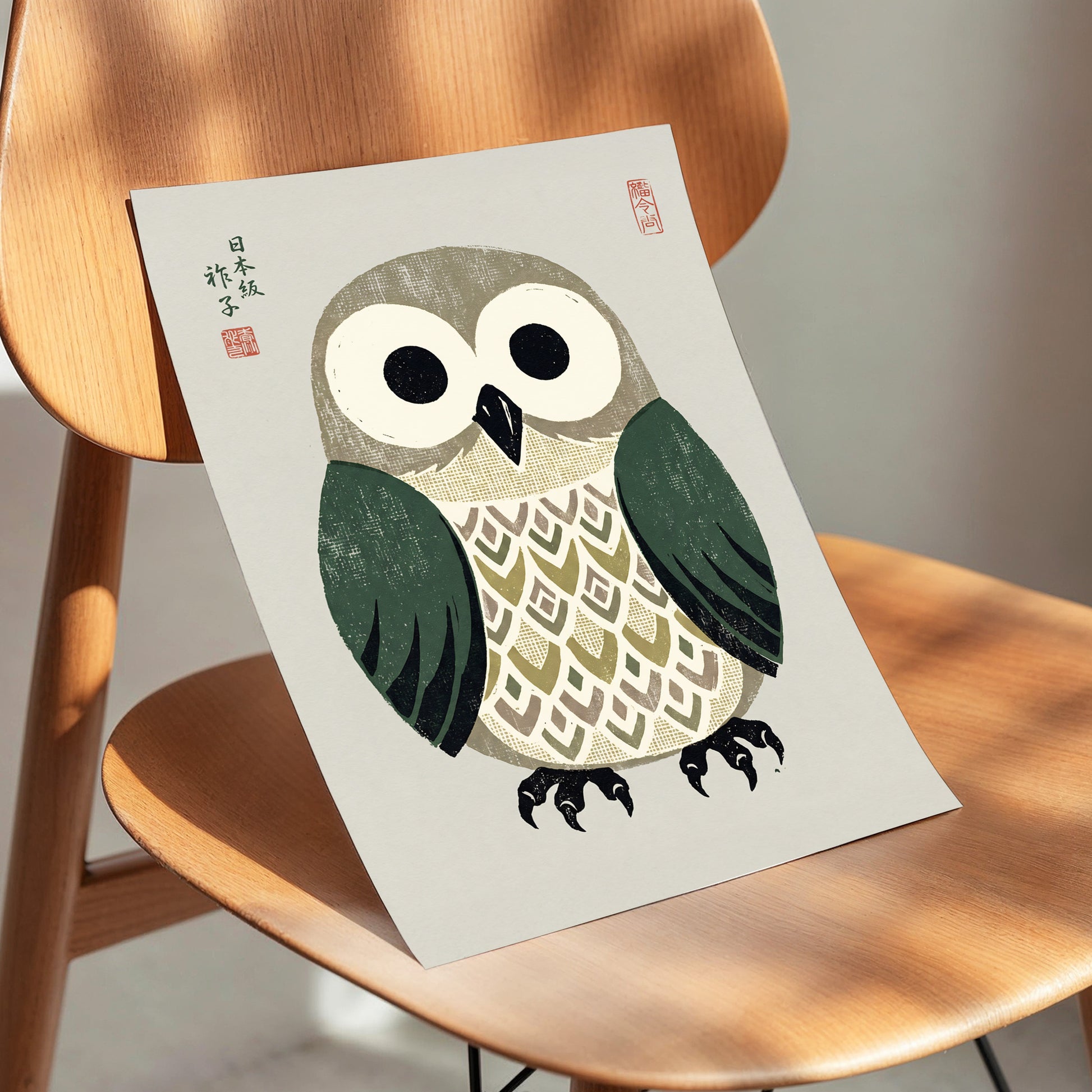 Sage Owl Reverie, black, green, beige nature wall art displayed in a styled interior, gallery view 5