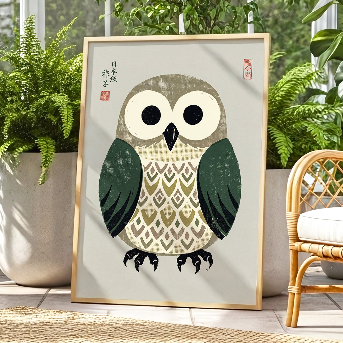 Sage Owl Reverie, black, green, beige nature wall art displayed in a styled interior, gallery view 6