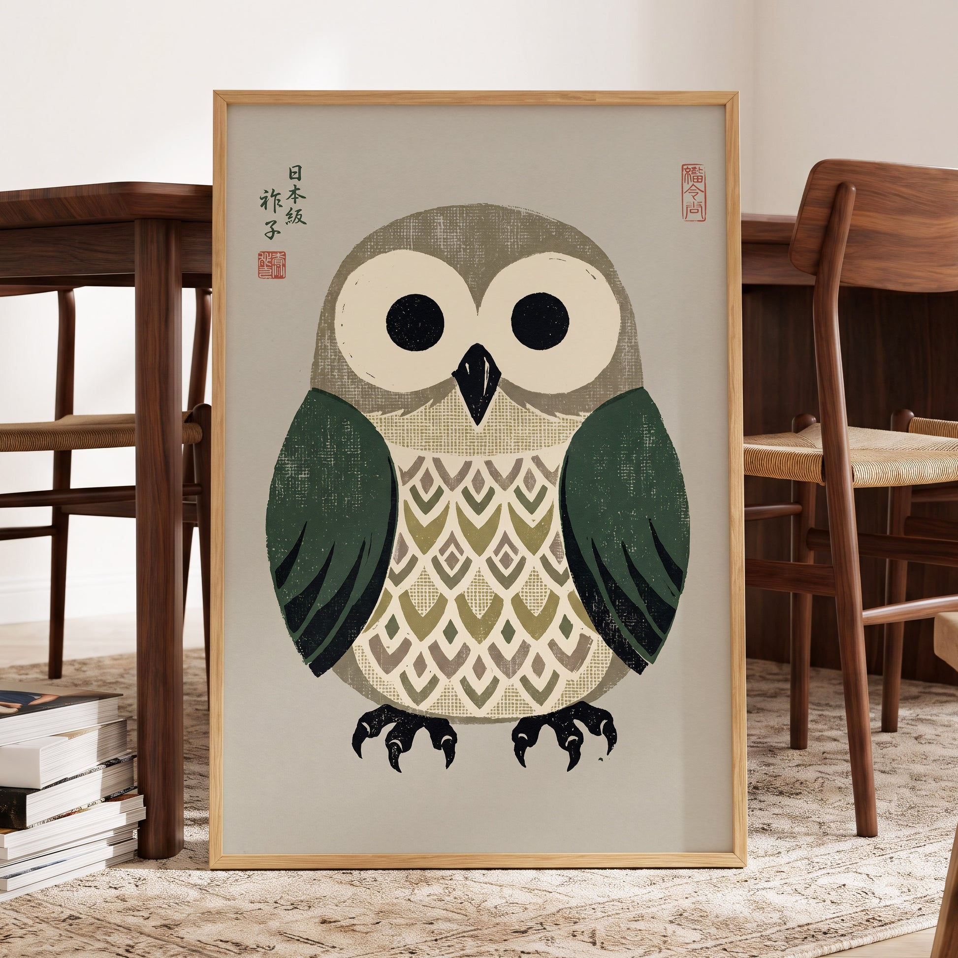 Sage Owl Reverie, black, green, beige nature wall art displayed in a styled interior, gallery view 9