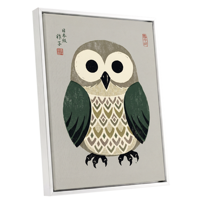 Sage Owl Reverie, black, green, beige nature wall art shown as a white framed canvas wall art