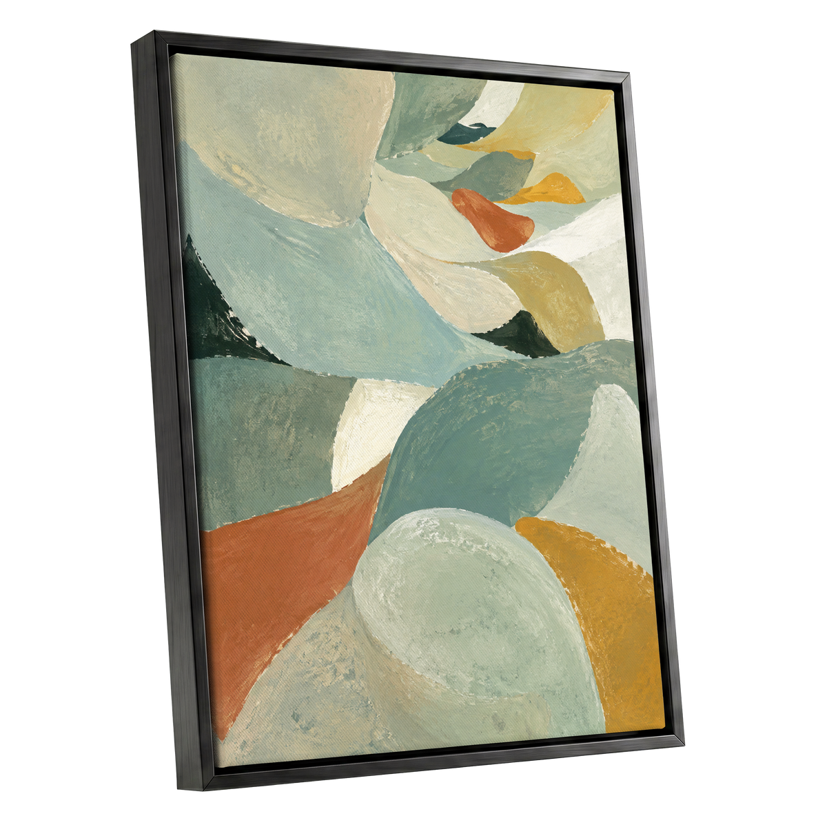 Sage & Saffron Drift, green, blue, beige abstract wall art shown as a black framed canvas wall art