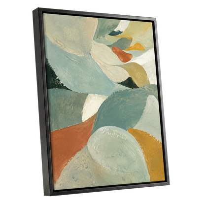 Sage & Saffron Drift, green, blue, beige abstract wall art shown as a black framed canvas wall art