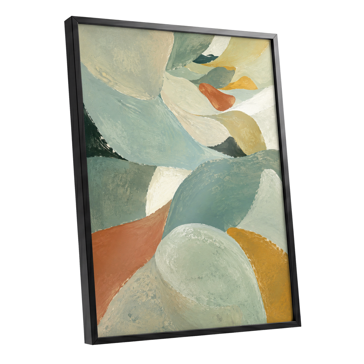 Sage & Saffron Drift, green, blue, beige abstract wall art shown as a black framed poster wall art print