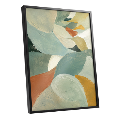 Sage & Saffron Drift, green, blue, beige abstract wall art shown as a black framed poster wall art print