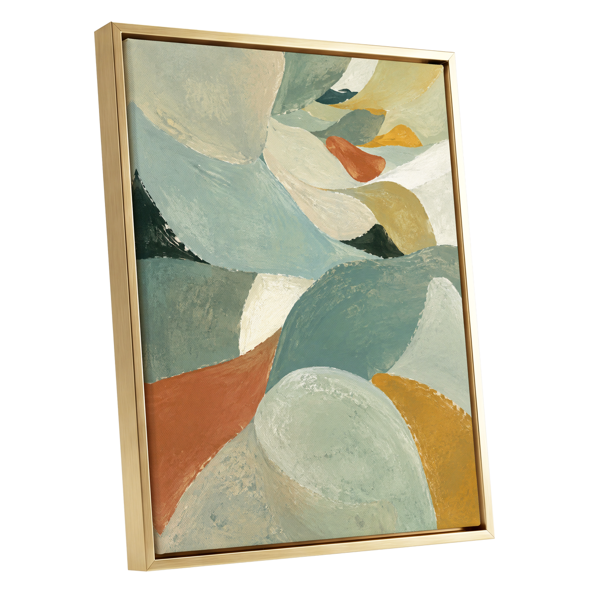 Sage & Saffron Drift, green, blue, beige abstract wall art shown as a gold framed canvas wall art