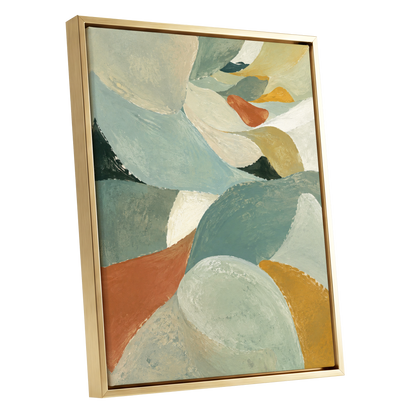 Sage & Saffron Drift, green, blue, beige abstract wall art shown as a gold framed canvas wall art