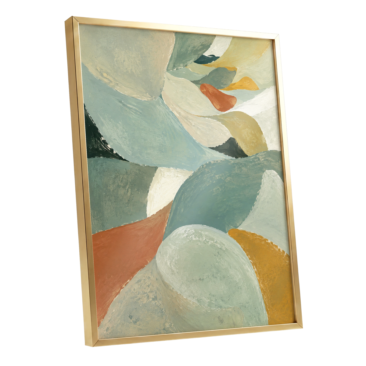 Sage & Saffron Drift, green, blue, beige abstract wall art shown as a gold framed poster wall art print
