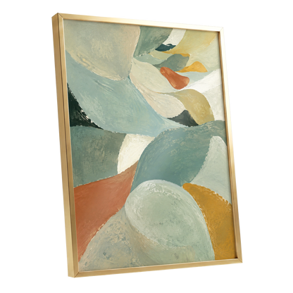Sage & Saffron Drift, green, blue, beige abstract wall art shown as a gold framed poster wall art print