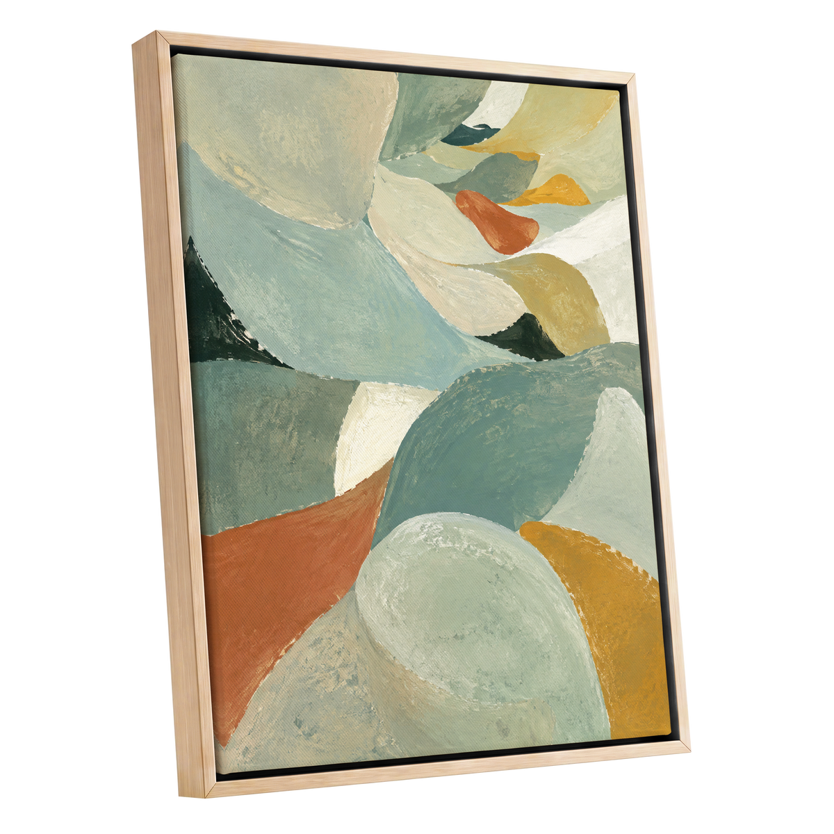 Sage & Saffron Drift, green, blue, beige abstract wall art shown as a oak framed canvas wall art