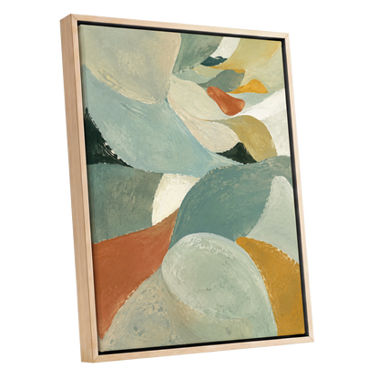 Sage & Saffron Drift, green, blue, beige abstract wall art shown as a oak framed canvas wall art