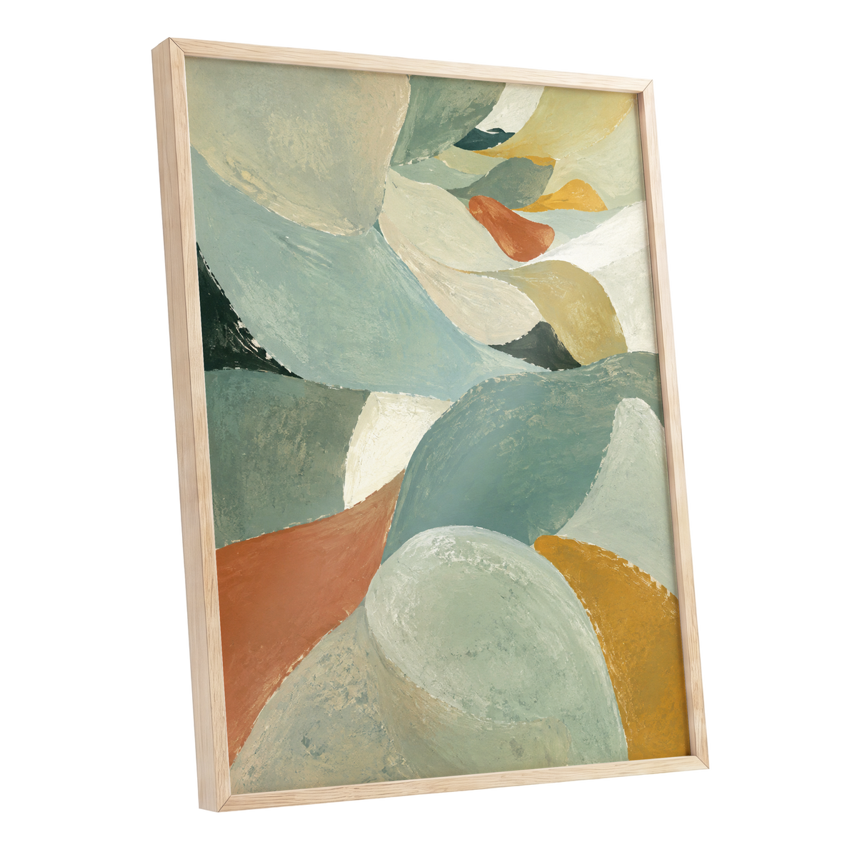 Sage & Saffron Drift, green, blue, beige abstract wall art shown as a oak framed poster wall art print