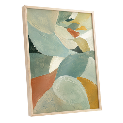 Sage & Saffron Drift, green, blue, beige abstract wall art shown as a oak framed poster wall art print