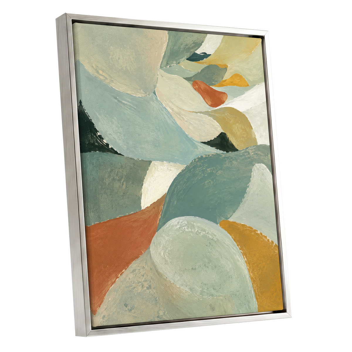 Sage & Saffron Drift, green, blue, beige abstract wall art shown as a silver framed canvas wall art