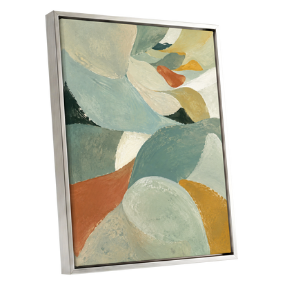 Sage & Saffron Drift, green, blue, beige abstract wall art shown as a silver framed canvas wall art