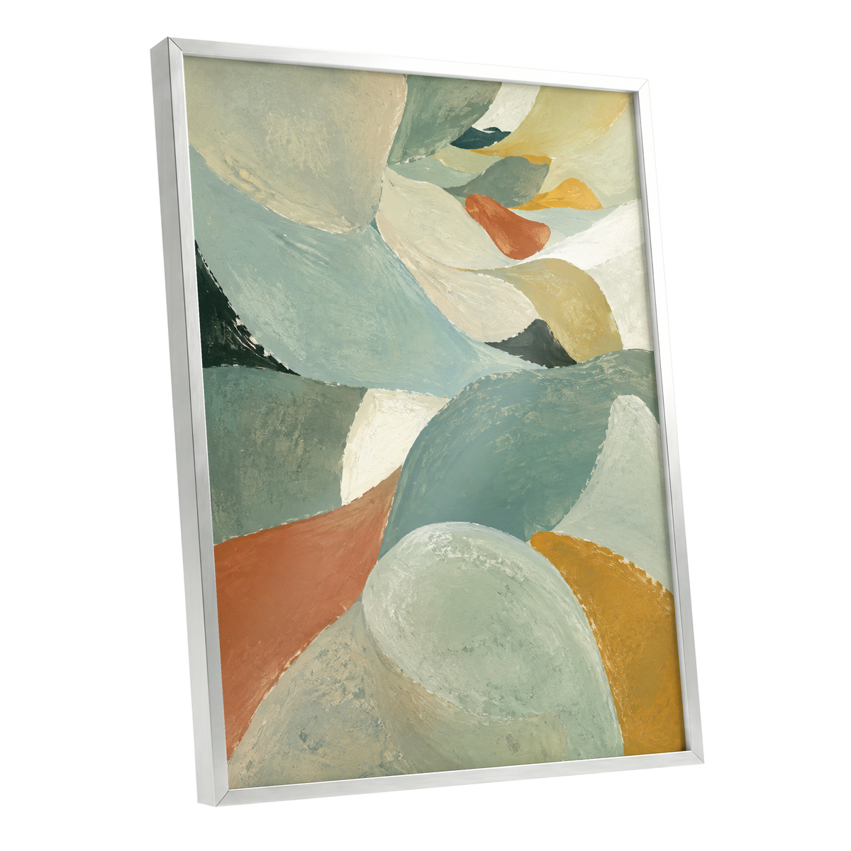 Sage & Saffron Drift, green, blue, beige abstract wall art shown as a silver framed poster wall art print