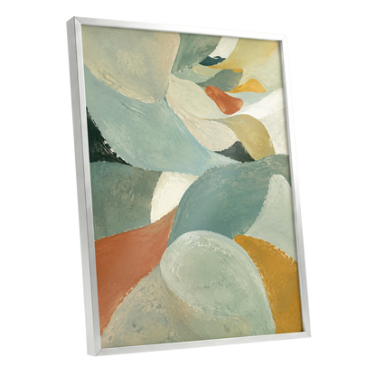 Sage & Saffron Drift, green, blue, beige abstract wall art shown as a silver framed poster wall art print
