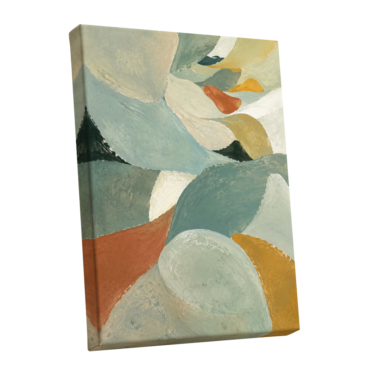 Sage & Saffron Drift, green, blue, beige abstract wall art shown as a stretched canvas wall art