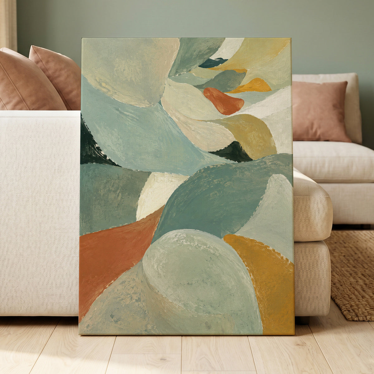 Sage & Saffron Drift, green, blue, beige abstract wall art displayed in a styled interior, gallery view 3