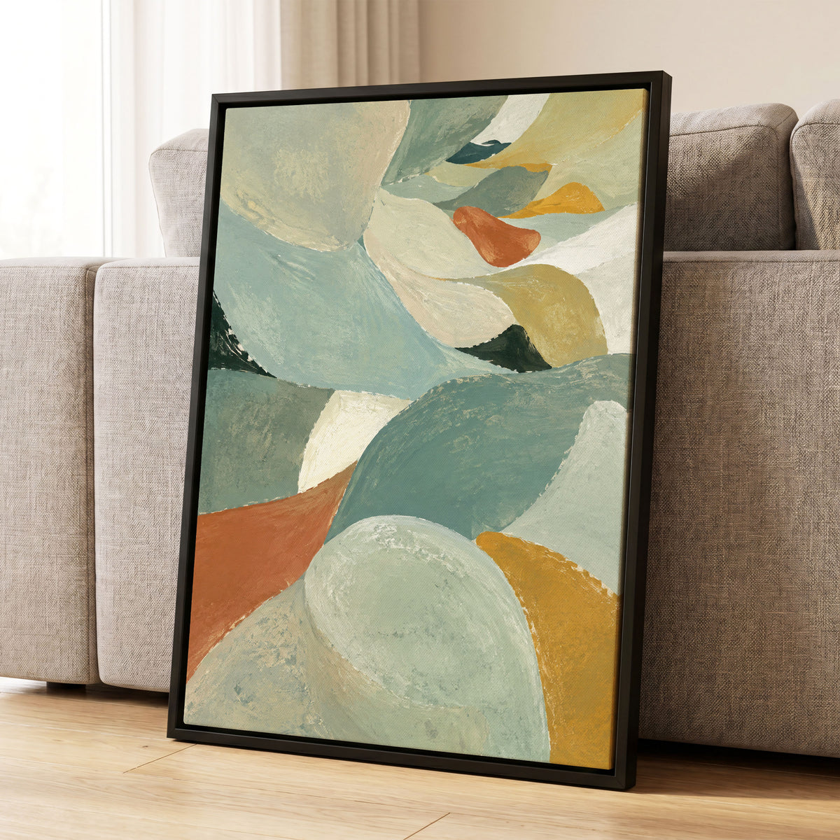 Sage & Saffron Drift, green, blue, beige abstract wall art displayed in a styled interior, gallery view 4