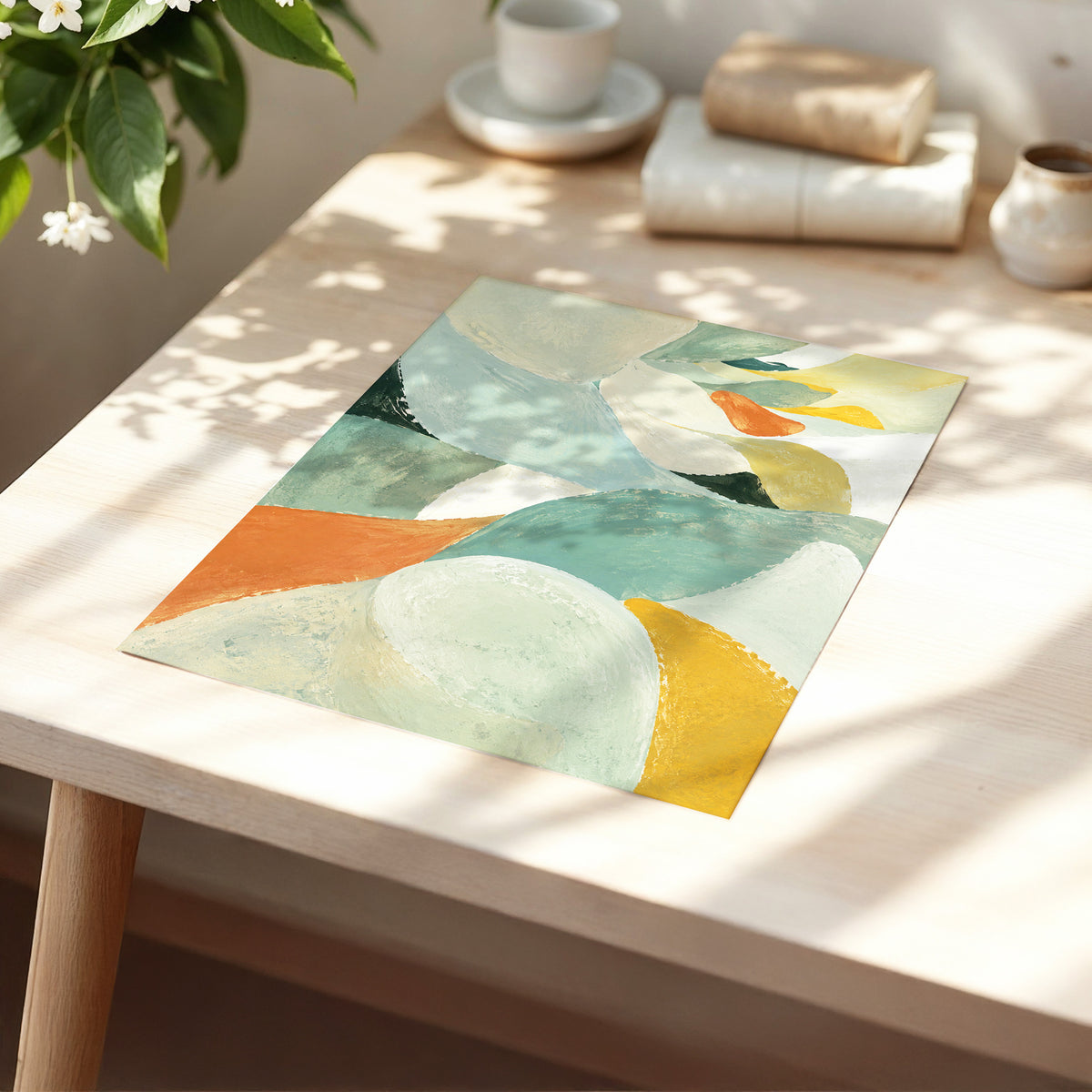 Sage & Saffron Drift, green, blue, beige abstract wall art displayed in a styled interior, gallery view 5