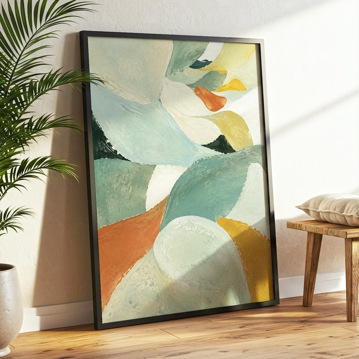Sage & Saffron Drift, green, blue, beige abstract wall art displayed in a styled interior, gallery view 6