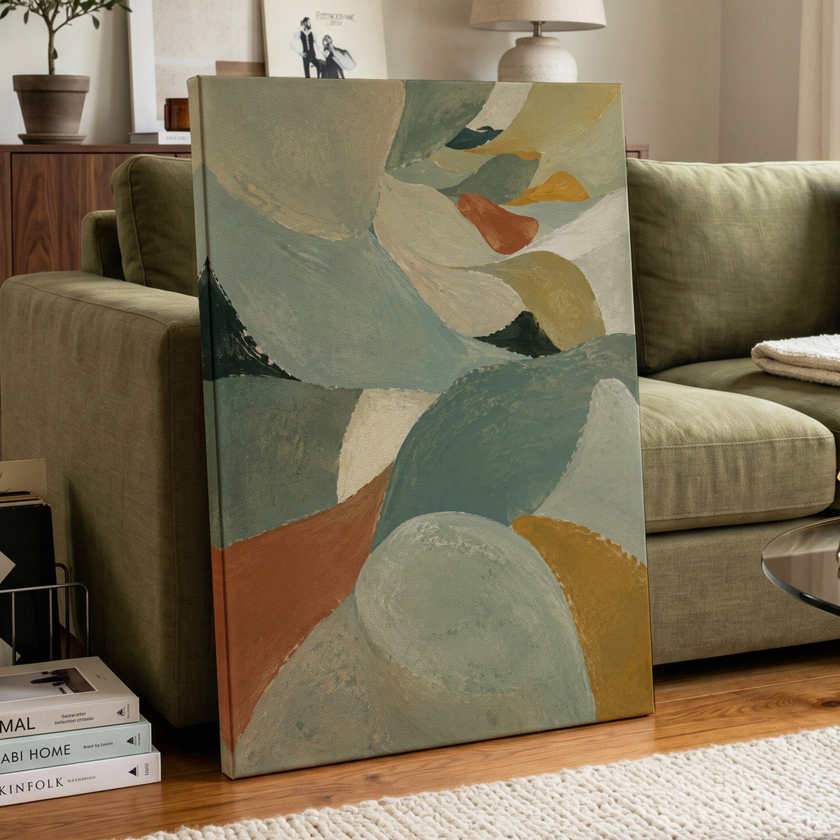 Sage & Saffron Drift, green, blue, beige abstract wall art displayed in a styled interior, gallery view 7