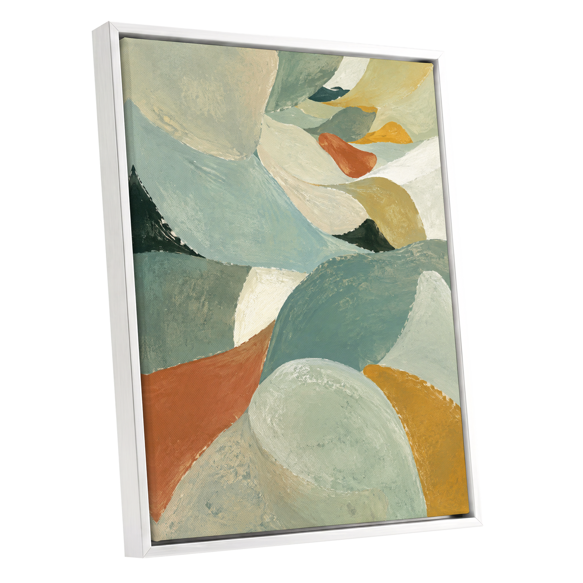 Sage & Saffron Drift, green, blue, beige abstract wall art shown as a white framed canvas wall art