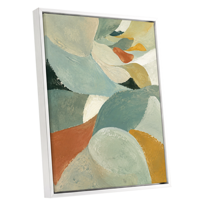 Sage & Saffron Drift, green, blue, beige abstract wall art shown as a white framed canvas wall art