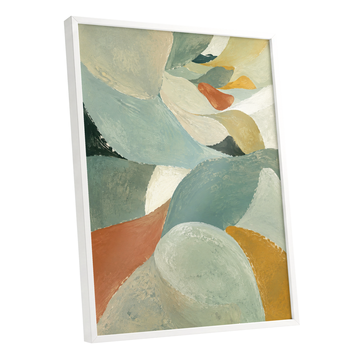Sage & Saffron Drift, green, blue, beige abstract wall art shown as a white framed poster wall art print