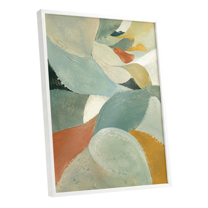 Sage & Saffron Drift, green, blue, beige abstract wall art shown as a white framed poster wall art print