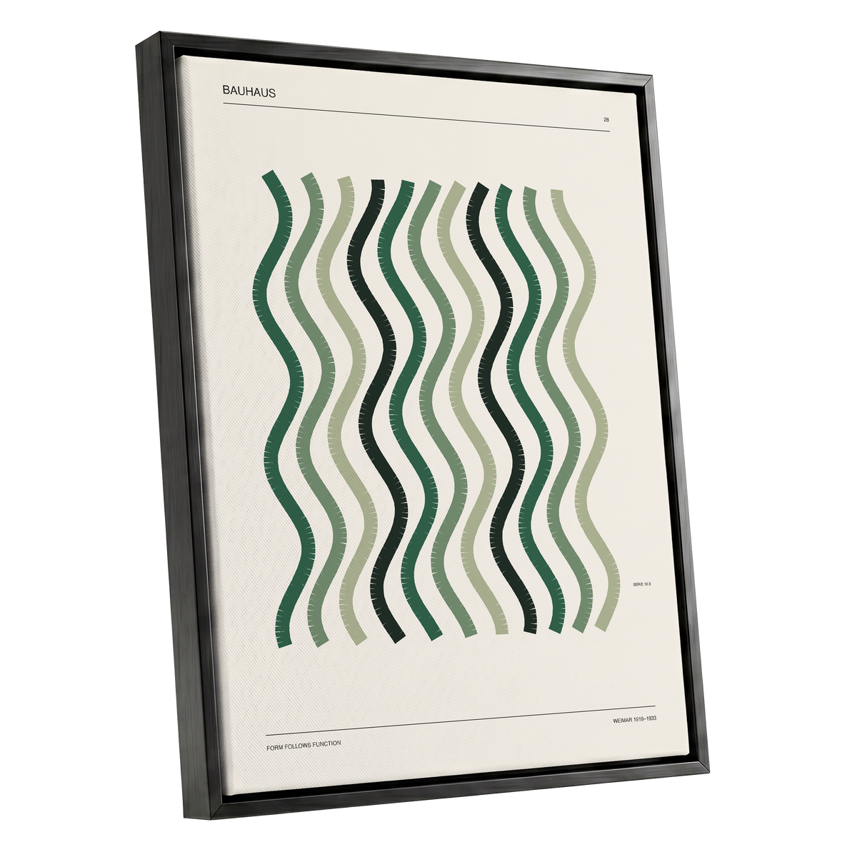 Sage Undulation No. 28, green, beige, black abstract wall art shown as a black framed canvas wall art