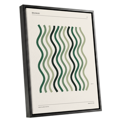 Sage Undulation No. 28, green, beige, black abstract wall art shown as a black framed canvas wall art