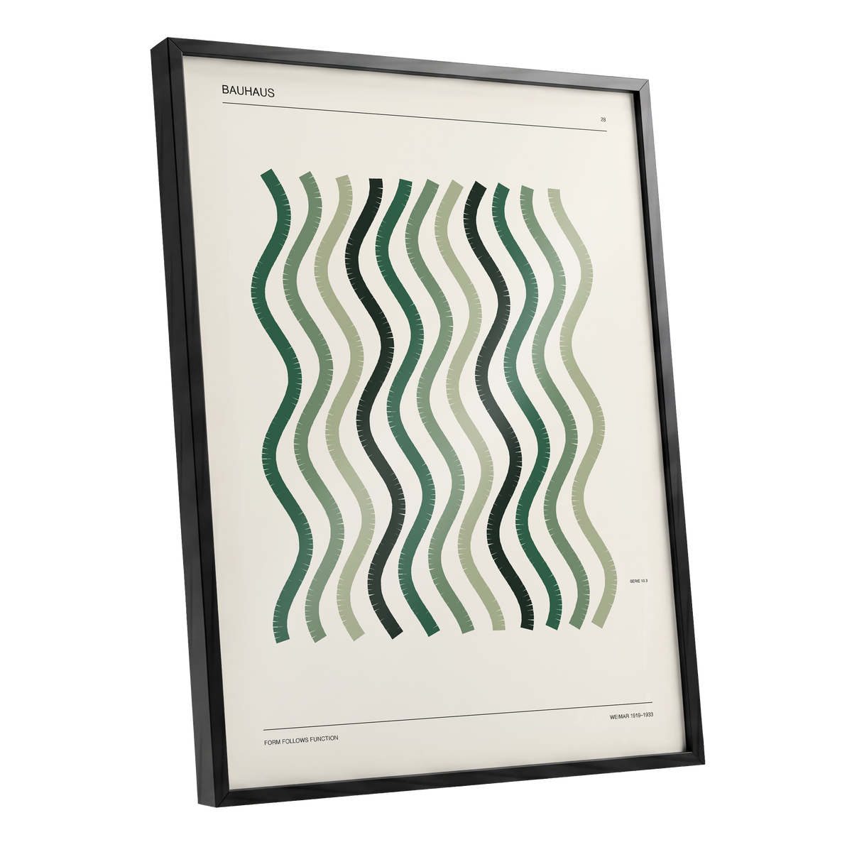 Sage Undulation No. 28, green, beige, black abstract wall art shown as a black framed poster wall art print