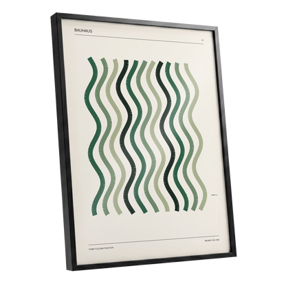 Sage Undulation No. 28, green, beige, black abstract wall art shown as a black framed poster wall art print