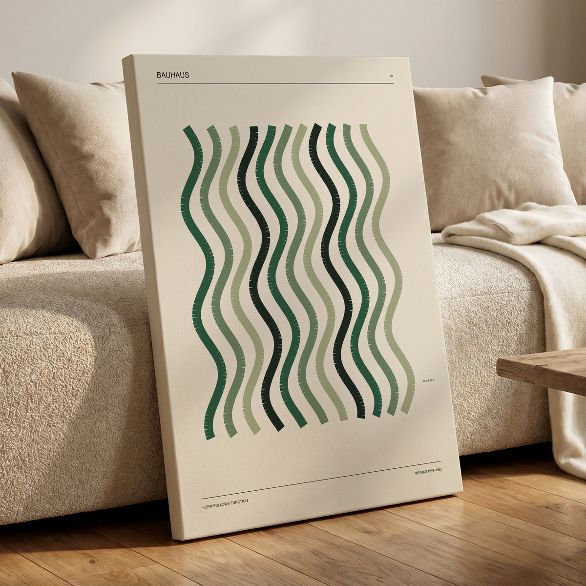 Sage Undulation No. 28, green, beige, black abstract wall art on canvas displayed in a styled interior, gallery view 1