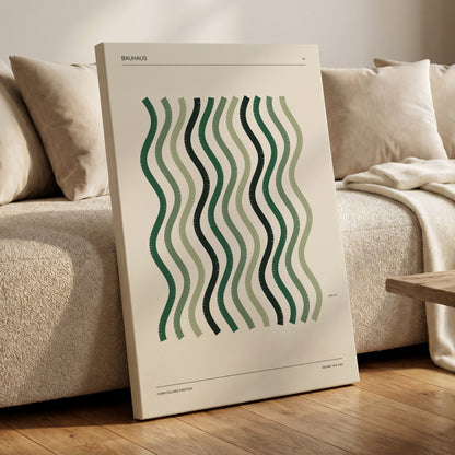 Sage Undulation No. 28, green, beige, black abstract wall art on canvas displayed in a styled interior, gallery view 1