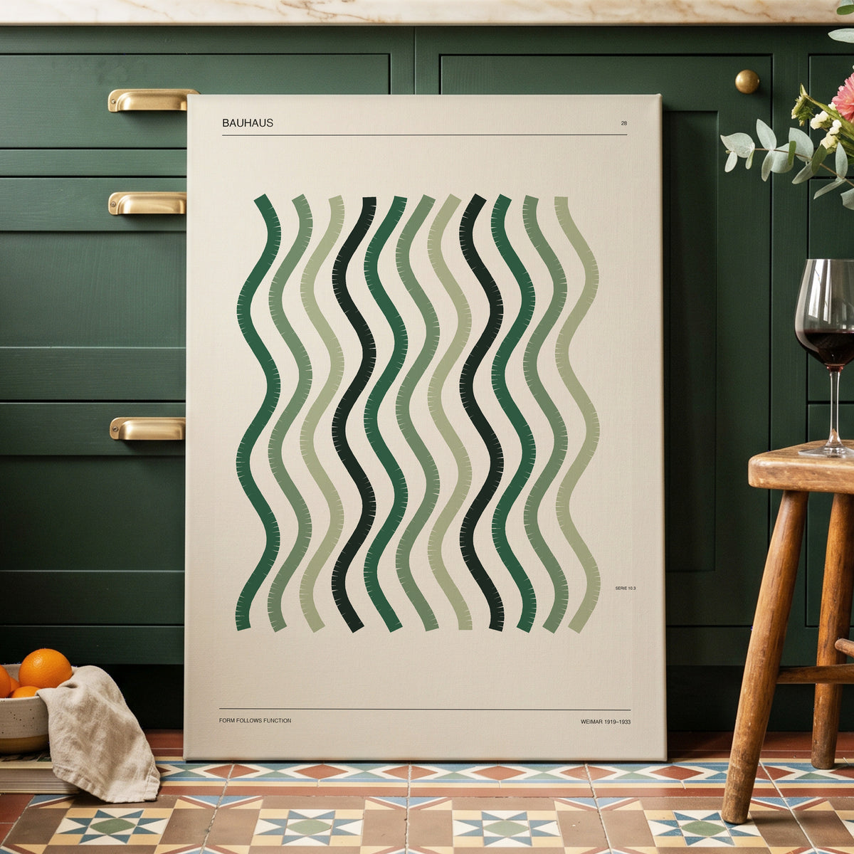 Sage Undulation No. 28, green, beige, black abstract wall art on canvas displayed in a styled interior, gallery view 2
