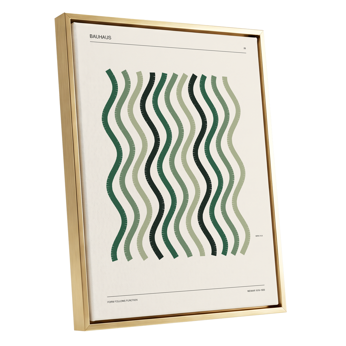 Sage Undulation No. 28, green, beige, black abstract wall art shown as a gold framed canvas wall art