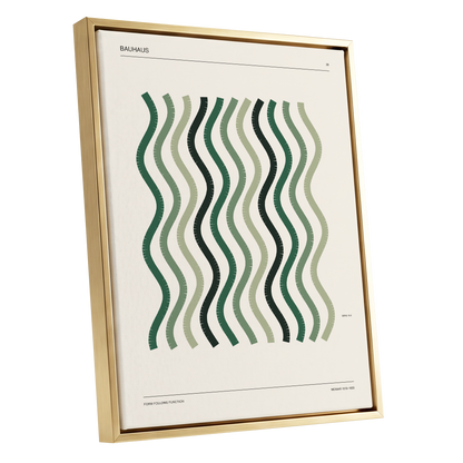Sage Undulation No. 28, green, beige, black abstract wall art shown as a gold framed canvas wall art