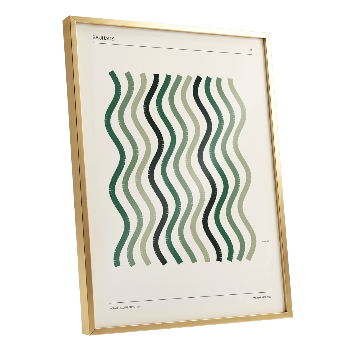 Sage Undulation No. 28, green, beige, black abstract wall art shown as a gold framed poster wall art print