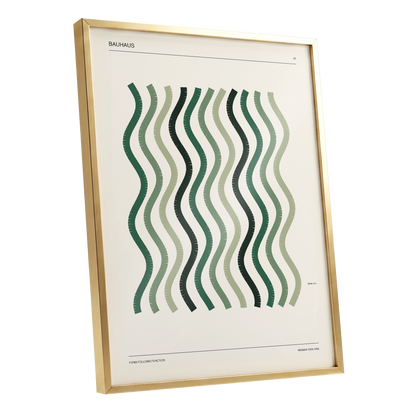 Sage Undulation No. 28, green, beige, black abstract wall art shown as a gold framed poster wall art print