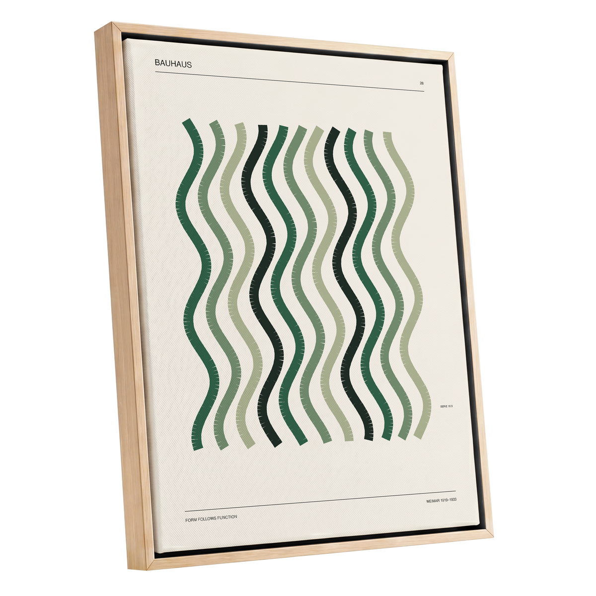Sage Undulation No. 28, green, beige, black abstract wall art shown as a oak framed canvas wall art