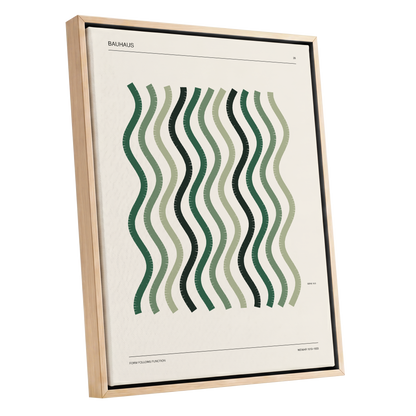 Sage Undulation No. 28, green, beige, black abstract wall art shown as a oak framed canvas wall art