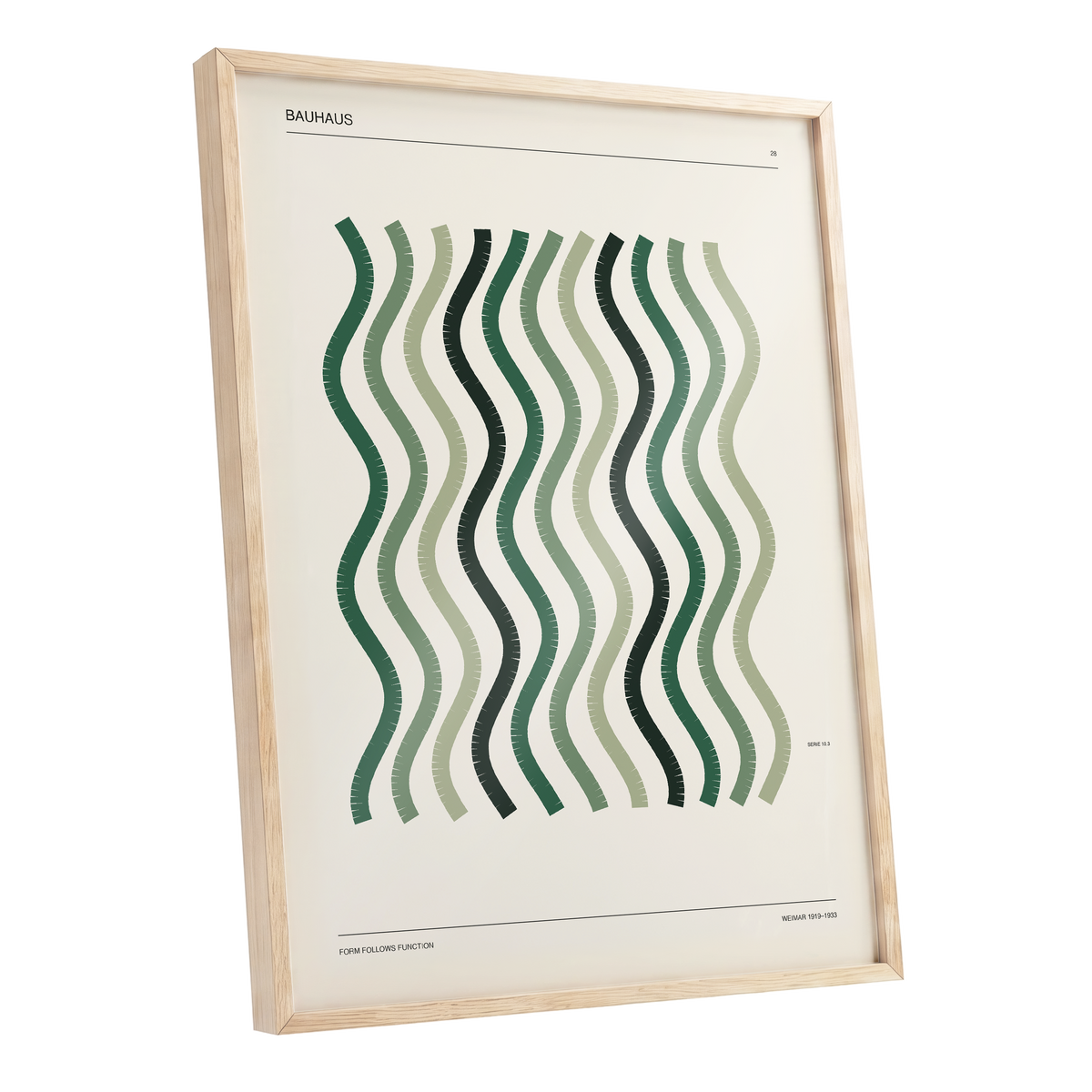 Sage Undulation No. 28, green, beige, black abstract wall art shown as a oak framed poster wall art print