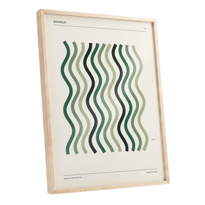 Sage Undulation No. 28, green, beige, black abstract wall art shown as a oak framed poster wall art print