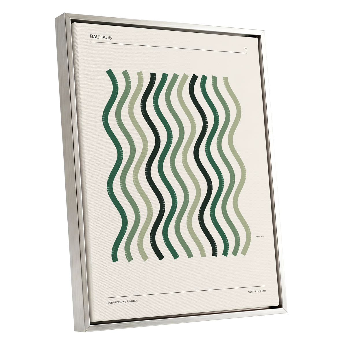 Sage Undulation No. 28, green, beige, black abstract wall art shown as a silver framed canvas wall art